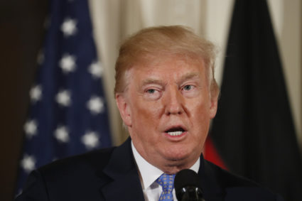 U.S. President Donald Trump speaks during a joint news conference with Germany's Chancellor Angela Merkel in the East Room of the White House in Washington, D.C., on April 27, 2018. Photo by Kevin Lamarque/Reuters