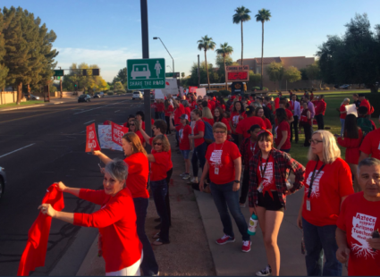 Arizona teachers in Tempe, Arizona during Wednesday's "walk-in" for higher teacher salaries and more education funding. Photo provided by courtesy of Ryan Malham