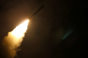 The U.S. Navy guided-missile cruiser USS Monterey fires a Tomahawk land attack missile April 14, 2018. U.S. Navy/Lt. j.g Matthew Daniels/Handout via REUTERS. ATTENTION EDITORS - THIS IMAGE WAS PROVIDED BY A THIRD PARTY - RC13236C2290