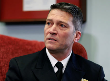 President Donald Trump's nominee to be Secretary of Veterans Affairs, Navy Rear Adm. Ronny Jackson, meets with Senator Jon Tester (D-Mont.) at his office on Capitol Hill in Washington, D.C. Photo by Joshua Roberts/Reuters