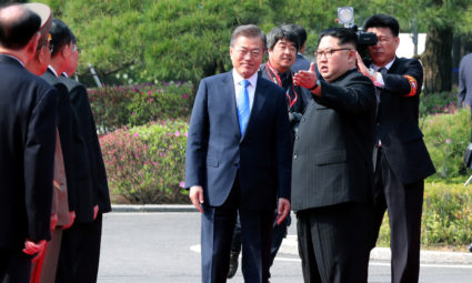 South Korean President Moon Jae-in and North Korean leader Kim Jong Un meet in the truce village of Panmunjom inside the demilitarized zone separating the two Koreas on April 27, 2018. Moon said Kim is expected to visit South Korea in the near future. Photo by Korea Summit Press Pool via Reuters