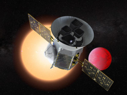 llustration of the Transiting Exoplanet Survey Satellite (TESS) in front of a lava planet orbiting its host star. TESS will identify thousands of potential new planets for further study and observation. Photo by NASA/GSFC