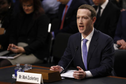 Facebook CEO Mark Zuckerberg testifies before a joint Senate Judiciary and Commerce Committees hearing regarding the companys use and protection of user data, on Capitol Hill in Washington, U.S., April 10, 2018. - HP1EE4A1JLL6O