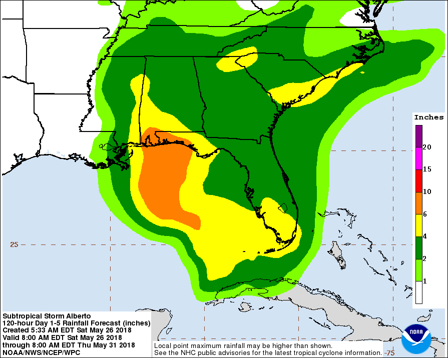 Rainfall forecast for subtropical hurricane Alberto from the National Hurricane Center