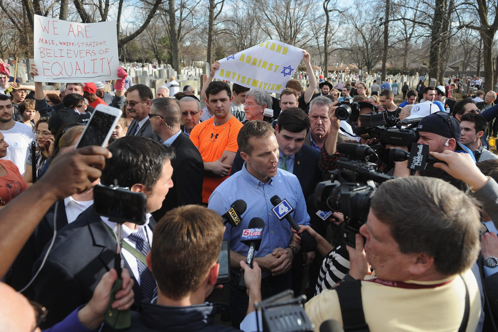 UNIVERSITY CITY, MO - FEBRUARY 22: Missouri Governor Eric Greitens speaks to the media at Chesed Shel Emeth Cemetery on Fe...