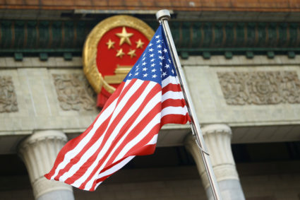 A U.S. flag is seen during a welcoming ceremony in Beijing, China. Photo by Thomas Peter/Reuters