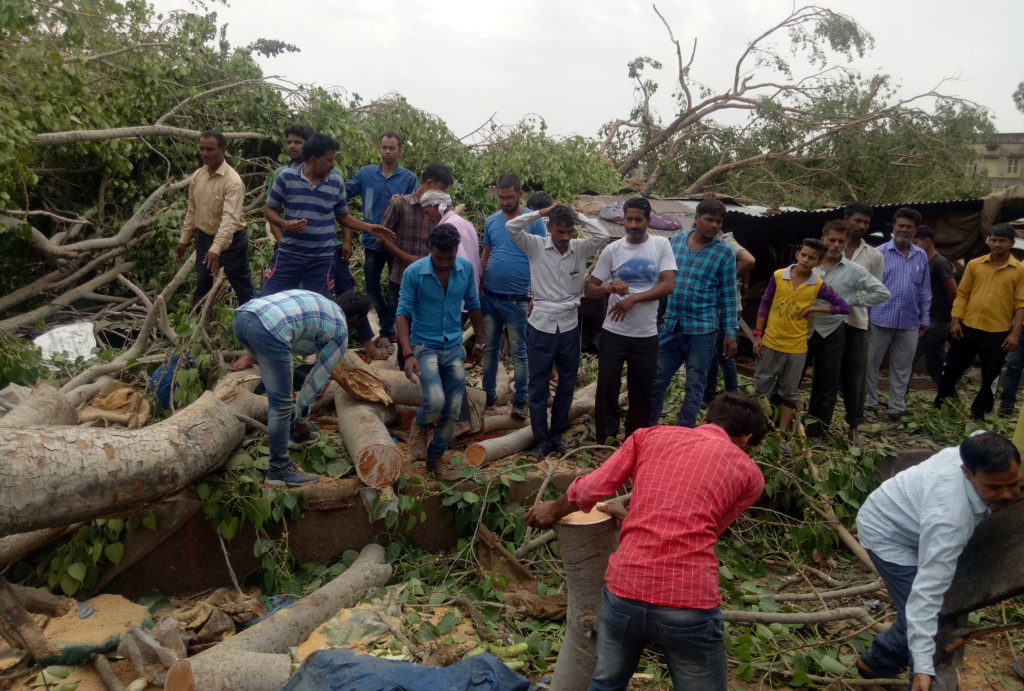 People remove uprooted trees from a road after strong winds in Alwar, in the western state of Rajasthan, India on May 3. P...