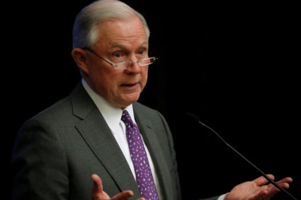 Attorney General Jeff Sessions delivers remarks at a National Sheriffs' Association opioid roundtable in May, in Washington, D.C. Photo by Jonathan Ernst/Reuters