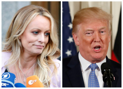 A combination photo shows adult film actress Stephanie Clifford, also known as Stormy Daniels speaking in New York City, and President Donald Trump speaking in Washington, Michigan. Photos by Brendan Mcdermid (L) and Joshua Roberts (R)/Reuters