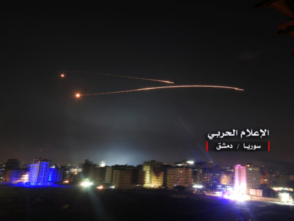 Missiles fire is seen over Damascus, Syria in this handout released on May 10, 2018. Hezbollah Media Office via Reuters