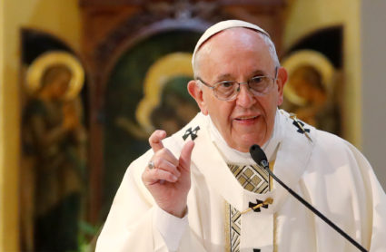 Pope Francis speaks as he leads a mass during his visit to the Roman parish of the Santissimo Sacramento on the outskirts of Rome, Italy, on May 6, 2018. Photo by Remo Casilli/Reuters
