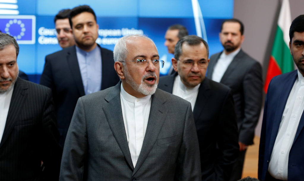 Iran's Foreign Minister Mohammad Javad Zarif talks to the media after a meeting with European Union foreign policy chief F...