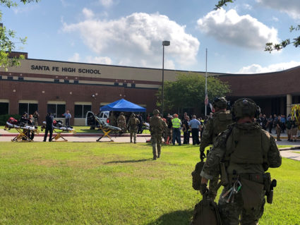 Law enforcement officers are responding to Santa Fe High School following a shooting incident in this Harris County Sheriff office, Santa Fe, Texas. Courtesy of HCSO via Reuters