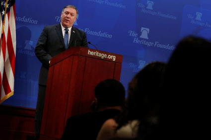 Secretary of State Mike Pompeo delivers remarks on the Trump administration's Iran policy at the Heritage Foundation in Washington, D.C. Photo by Jonathan Ernst/Reuters