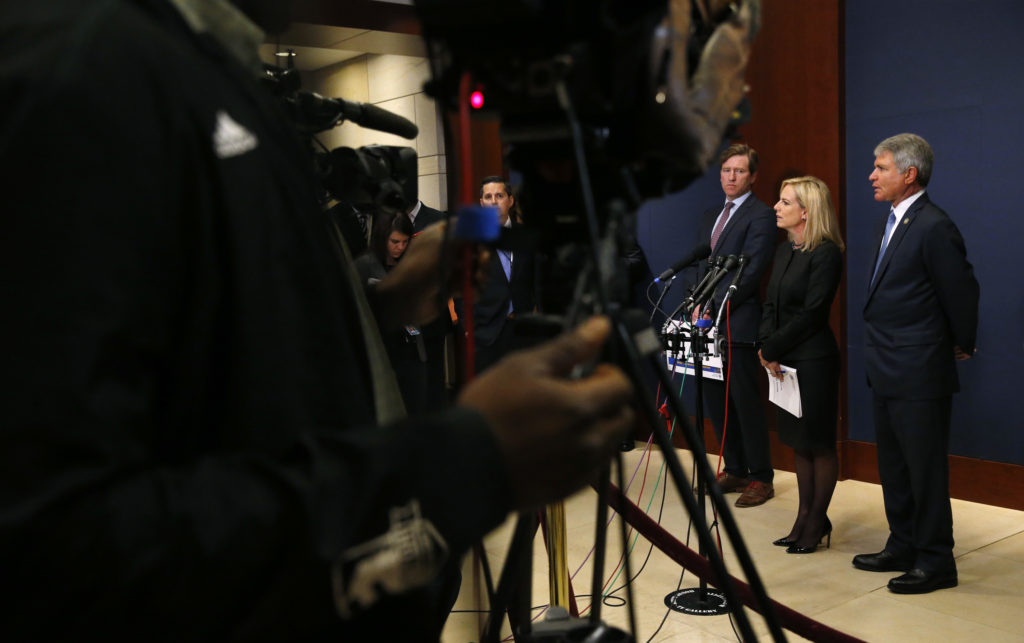 Secretary of Homeland Security Kirstjen Nielsen speaks to reporters after she, FBI Director Christopher Wray and Director ...