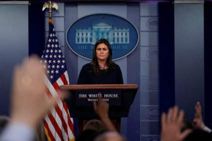 White House press secretary Sarah Huckabee Sanders holds the daily briefing at the White House in Washington, D.C. Photo by Carlos Barria/Reuters