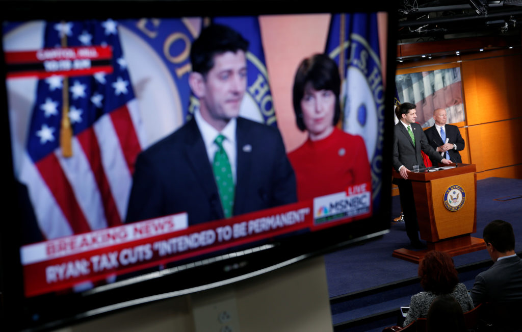 Speaker of the House Paul Ryan (R-Wisc.) is shown speaking on a monitor about tax cuts during a media briefing on Capitol ...