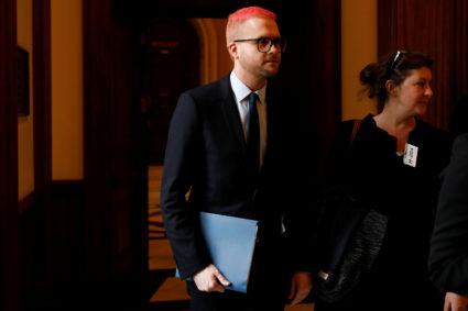 Former Cambridge Analytica employee Christopher Wylie testifies Wednesday on Capitol Hill. File photo by Aaron P. Bernstein/Reuters