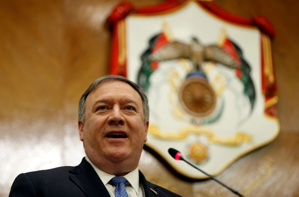 U.S. Secretary of State Mike Pompeo attends a joint news conference with Jordanian Foreign Minister Ayman Safadi in Amman,...