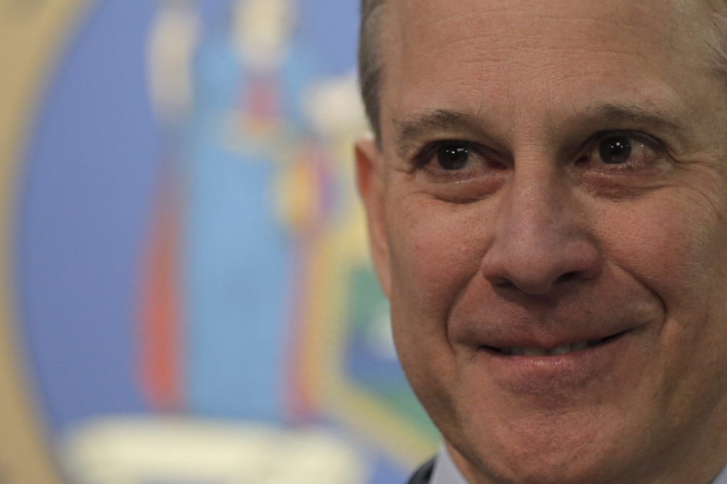 New York Attorney General Eric Schneiderman speaks during a news conference about fantasy sports companies FanDuel and Dra...