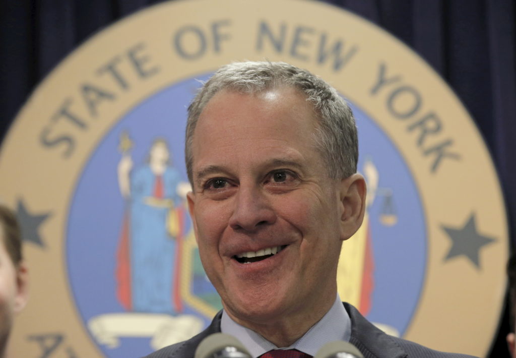 New York Attorney General Eric Schneiderman speaks during a news conference about fantasy sports companies FanDuel and Dra...