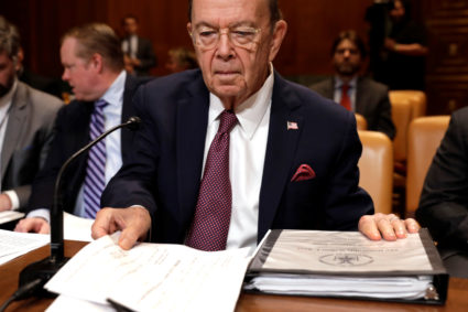 U.S. Commerce Secretary Wilbur Ross prepares to testify before a Senate Commerce, Justice, Science and Related Agencies Subcommittee holds a hearing on the FY2019 funding request and budget justification for the Commerce Department on Capitol Hill in Washington, U.S., May 10, 2018. REUTERS/Yuri Gripas - RC1BBD3E4000