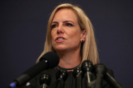 Secretary of Homeland Security Kirstjen Nielsen speaks to reporters after she, FBI Director Christopher Wray and Director of National Intelligence Daniel Coats briefed members of the House of Representatives on election security at the U.S. Capitol in Washington, D.C. Photo by Jonathan Ernst/Reuters