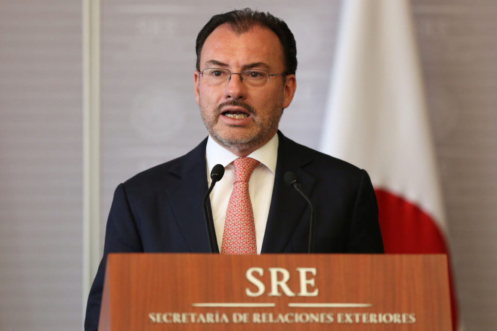 Mexico's Foreign Minister Luis Videgaray delivers a joint message with his Japanese counterpart Taro Kono in Mexico City, ...