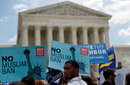 Protesters gather at the U.S. Supreme Court after it upheld President Donald Trump's travel ban on June 26. Photo by Leah Millis/Reuters