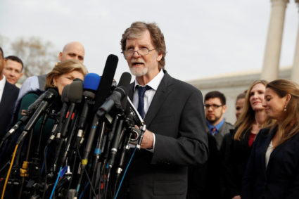 Baker Jack Phillips speaks with the media following 2017 oral arguments in the Masterpiece Cakeshop v. Colorado Civil Rights Commission case at the Supreme Court in Washington, D.C. Photo by Aaron P. Bernstein/Reuters