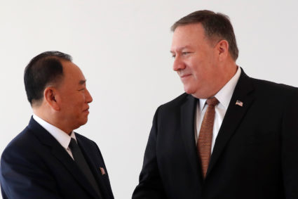 Secretary of State Mike Pompeo meets with North Korea's envoy Kim Yong Chol in New York. Photo by Mike Segar/Reuters