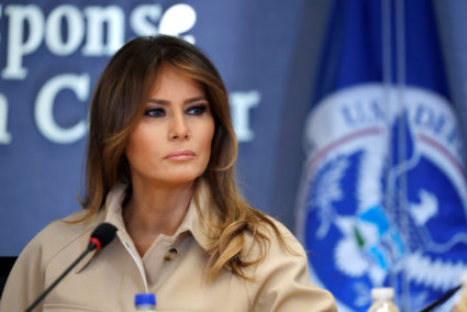 First lady Melania Trump appears with President Donald Trump at a public event for the first time in almost a month during a hurricane response briefing at the Federal Emergency Management Agency (FEMA) in Washington, D.C. Photo by Carlos Barria/Reuters