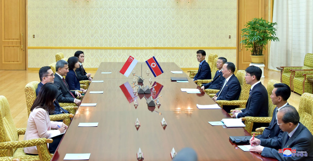 Singapore's Foreign Minister Vivian Balakrishnan meets with North Korea counterpart Ri Yong Ho in this undated photo relea...