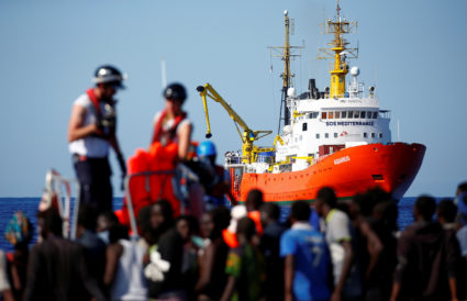 The MV Aquarius rescue ship is seen as migrants on are rescued by the SOS Mediterranee organisation during a search and rescue (SAR) operation in the Mediterranean Sea, off the Libyan Coast. Photo by Tony Gentile/Reuters