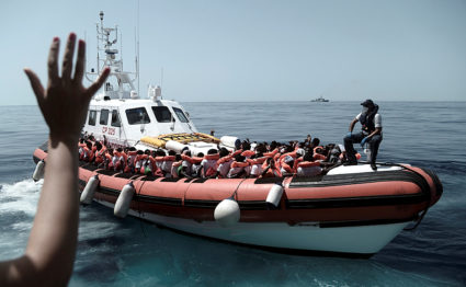 Migrants are seen after being rescued by MV Aquarius, a search and rescue ship run in partnership between SOS Mediterranee and Medecins Sans Frontieres in the central Mediterranean Sea. Photo by Karpov/SOS Mediterranee via Reuters
