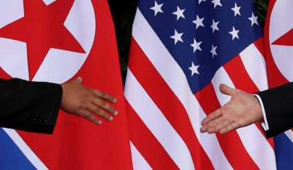 U.S. President Donald Trump and North Korea's leader Kim Jong Un meet at the start of their summit on the resort island of Sentosa, Singapore June 12, 2018. Picture taken June 12, 2018. Photo by Jonathan Ernst /Reuters