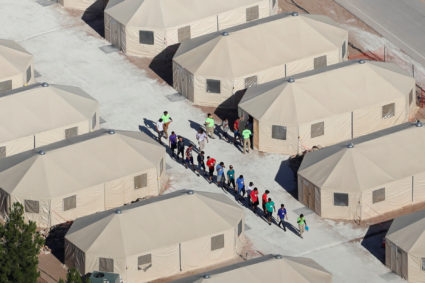 Immigrants are housed in tents next to the Mexican border in Tornillo, Texas, on June 18, 2018. Photo by Mike Blake/Reuters