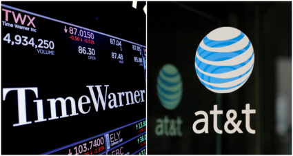 A combination photo shows the Time Warner shares price at the New York Stock Exchange and AT&T logo in New York, NY. Photo by Lucas Jackson (L) and Stephanie Keith/Reuters
