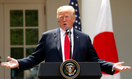U.S. President Donald Trump holds a joint news conference with Japan's Prime Minister Shinzo Abe in the Rose Garden of the White House in Washington, U.S., June 7, 2018. REUTERS/Kevin Lamarque