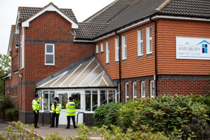 AMESBURY, ENGLAND - JULY 04: Police on the scene outside Amesbury Baptist Centre as Wiltshire Police declare a major incident after a man and woman were exposed to an unknown substance on July 4, 2018 in Amesbury, England. The pair, who are in their 40s, are in a critical condition after being found unconscious at an address in Muggleton Road Amesbury. The town is around 10 miles from Salisbury where former Russian spy Sergei Skripal and his daughter Yulia were poisoned in a suspected nerve agent attack. (Photo by Jack Taylor/Getty Images)