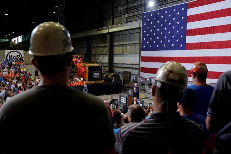 U.S. President Donald Trump speaks about trade at the Granite City Works steel coil warehouse in Granite City, Illinois, U.S., July 26, 2018. REUTERS/Joshua Roberts - RC1B80F06A40