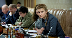 Public figure Maria Butina (R) attends a meeting of a group of experts, affiliated to the government of Russia, in this undated handout photo obtained by Reuters on July 17, 2018. Press Service of Civic Chamber of the Russian Federation/Handout via Reuters