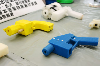 Seized plastic handguns which were created using 3D printing technology are displayed at Kanagawa police station in Yokohama, south of Tokyo, in this photo taken by Kyodo May 8, 2014.