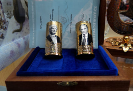 Souvenirs depicting American President Donald Trump and Russian President Vladimir Putin at the airport in St. Petersburg, Russia, on July 5. Photo by Max Rossi/Reuters
