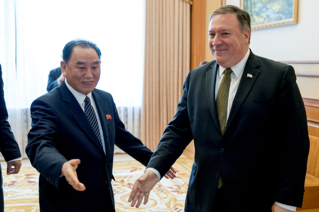 Secretary of State Mike Pompeo (right) and Kim Yong Chol, a North Korean senior ruling party official and former intellige...