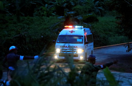 An ambulance leaves Tham Luan Nang Non cave complex in northern Thailand on July 9. Photo by Soe Zeya Tun/Reuters