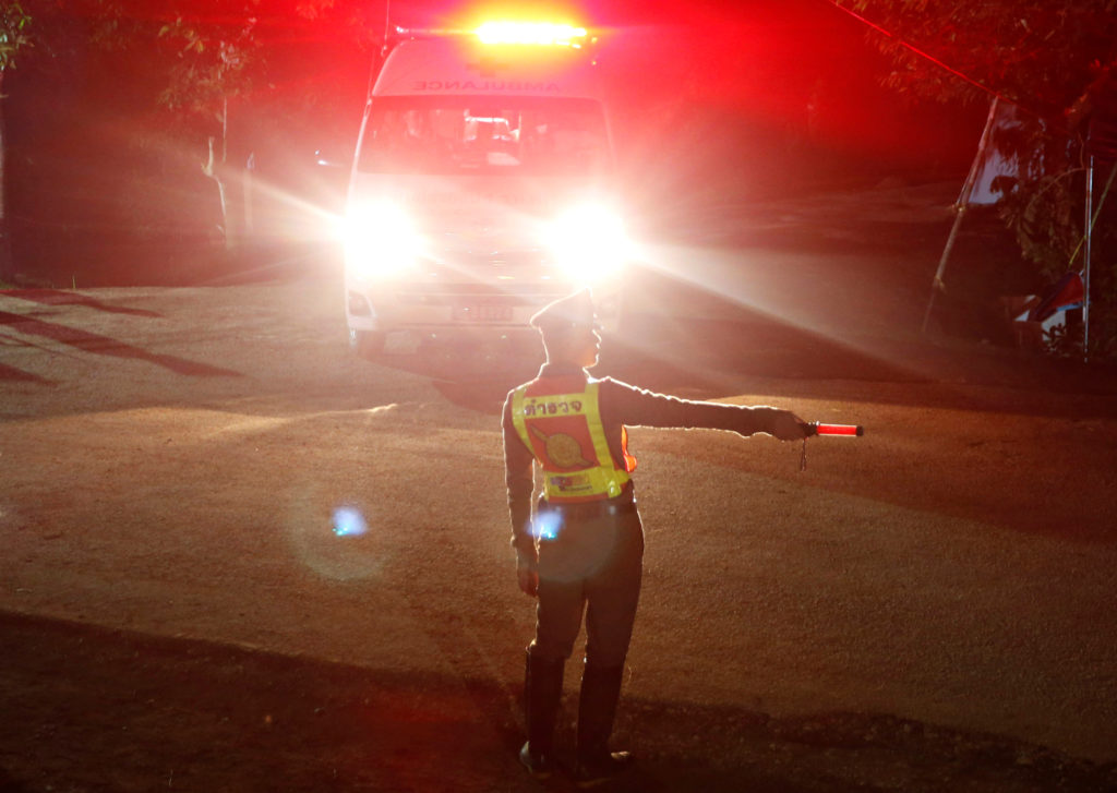 The last ambulance leaves from Tham Luang cave complex in the northern province of Chiang Rai, Thailand. Photo by Soe Zeya...