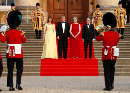 First lady Melania Trump and President Donald Trump attend a dinner at Blenheim Palace near Oxford with British Prime Minister Theresa May and her husband Philip on July 12. Photo by Kevin Lamarque/Reuters