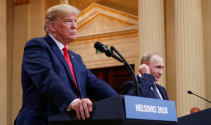 President Donald Trump and Russia's President Vladimir Putin hold a joint news conference after their meeting in Helsinki, Finland. Photo by Kevin Lamarque/Reuters