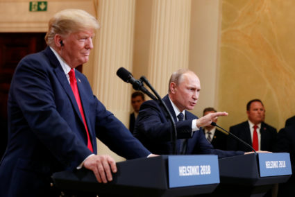 Russia's President Vladimir Putin gestures during a joint news conference with U.S. President Donald Trump after their meeting in Helsinki, Finland, on July 16, 2018. Photo by Kevin Lamarque/Reuters